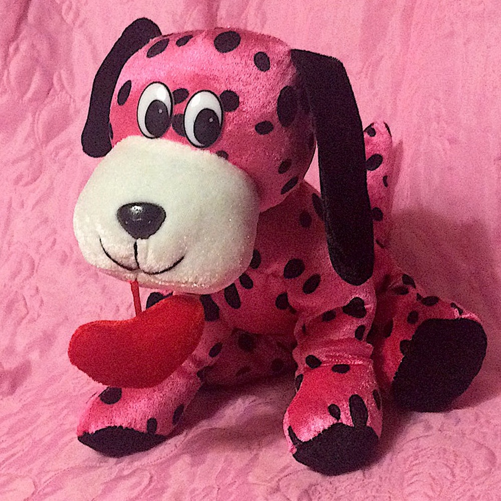 ⭐️ Cute Plushie Pink Black Spot Dog w/ Heart - Picture 2 of 6